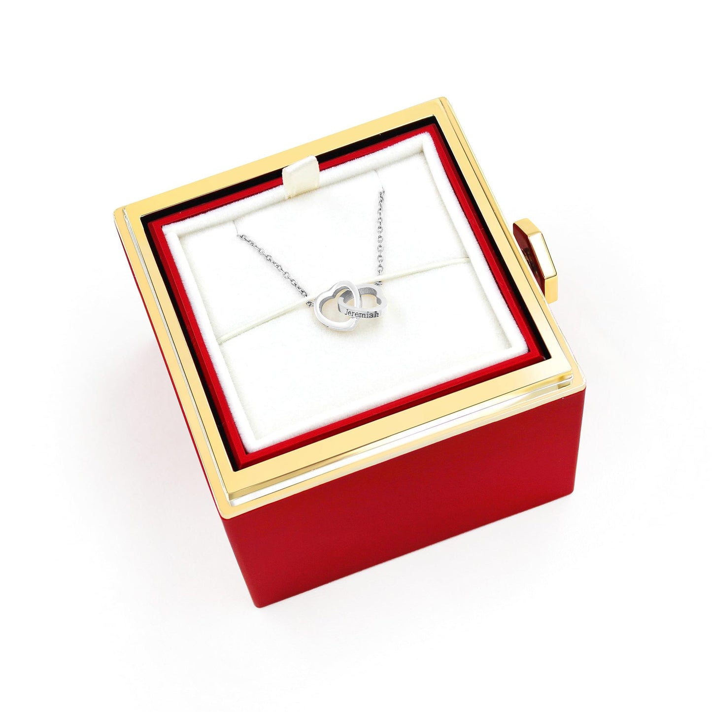 Fashionable Double-heart Necklace With Engraved Lettering Comes In A Reversible Rotating Gift Box