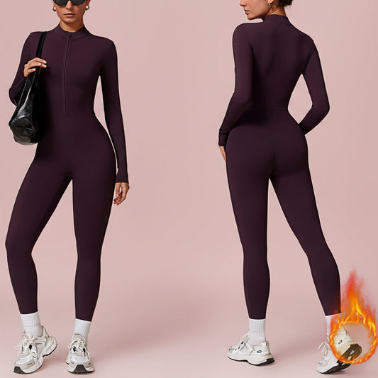 Warm Zipper Long-sleeved Jumpsuit Yoga Fitness Sports Pants Breathable Bodysuit Women's Clothing