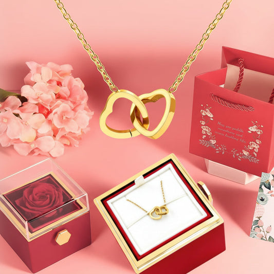 Fashionable Double-heart Necklace With Engraved Lettering Comes In A Reversible Rotating Gift Box