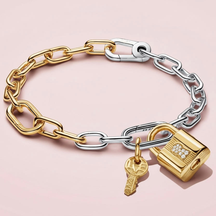 Two Tone Lock and Key Bracelet and Charm Set Silver/Gold